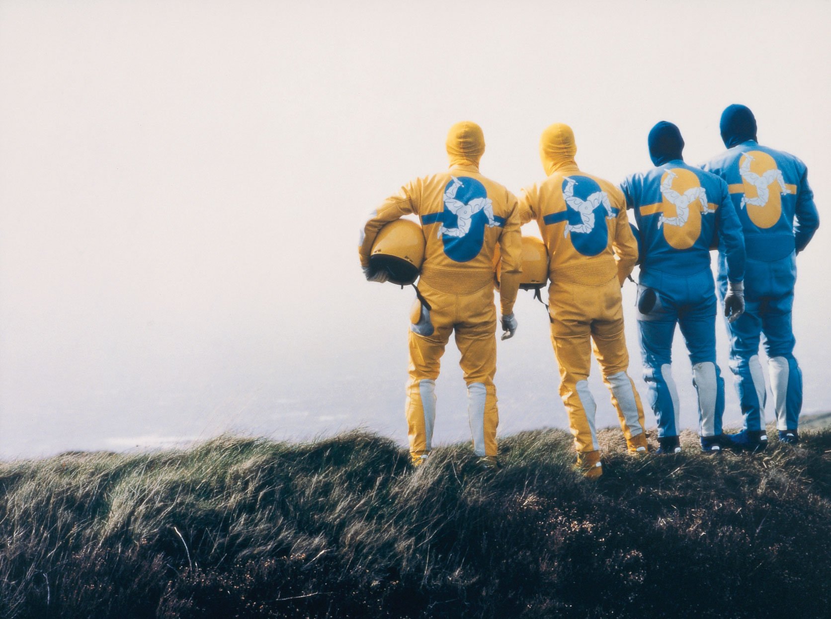 Production still from Cremaster 3 showing two motorcycle sidecar teams, both played by pairs of brothers. The team yellow took the clockwise path around the island, beginning in the lowlands and then ascending into the mountain, the blue, descending team goes in the opposite direction. Photograph: Michael James O'Brien © Matthew Barney