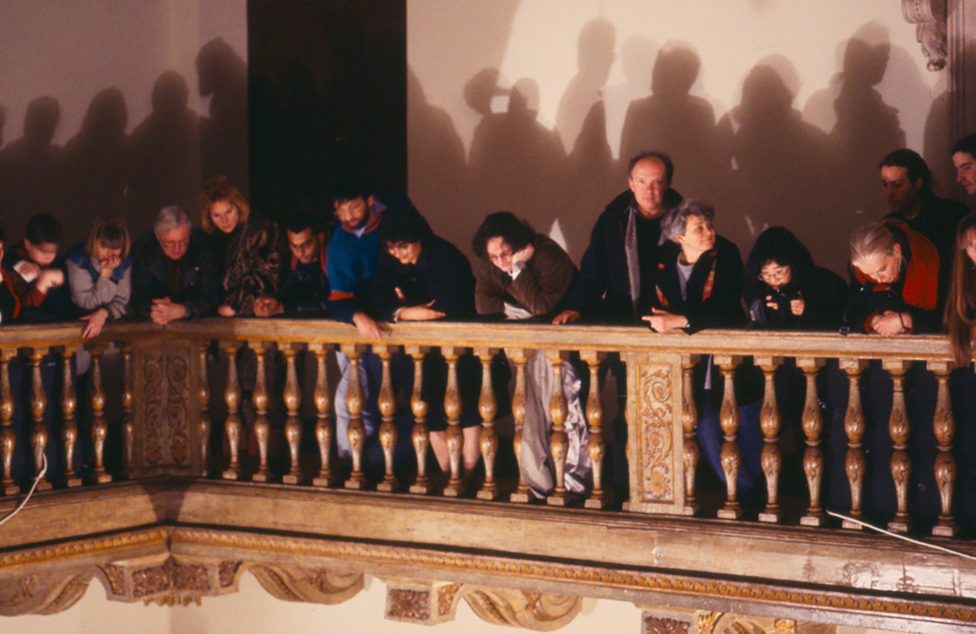 Audience members look down to watch Clear Zero (1995) by Tatsuo Miyajima in the Great Hall of the Queen's House, Greenwich. 