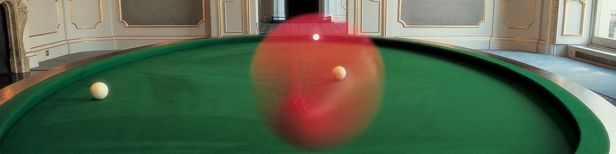 Image:  Installation shot of the oval billiard table in Empty Club by Gabriel Orozco, 1996. Photographer: Stephen White