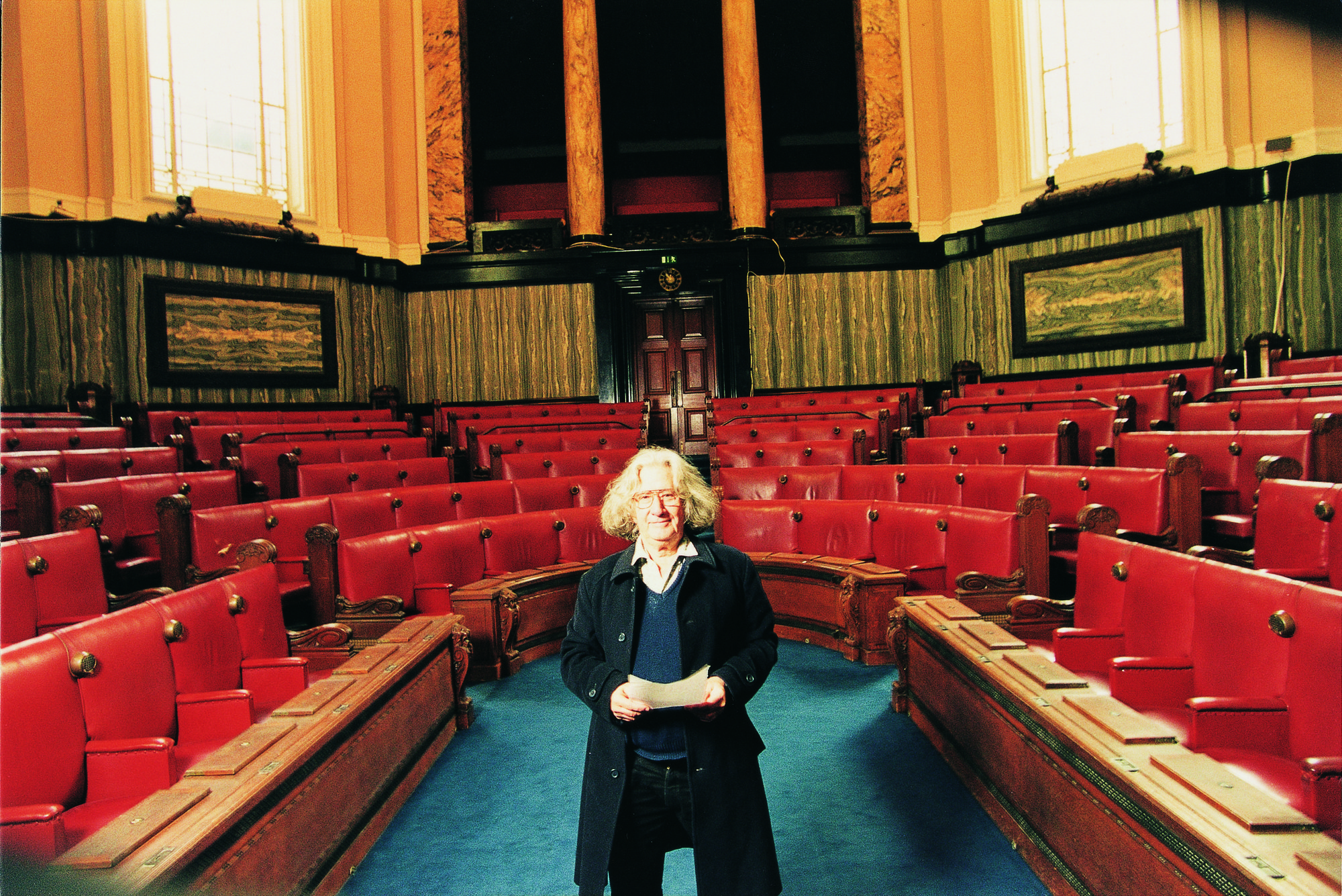 Portrait of Augusto Boal inside the Debating Chamber at County Hall, London, 1998