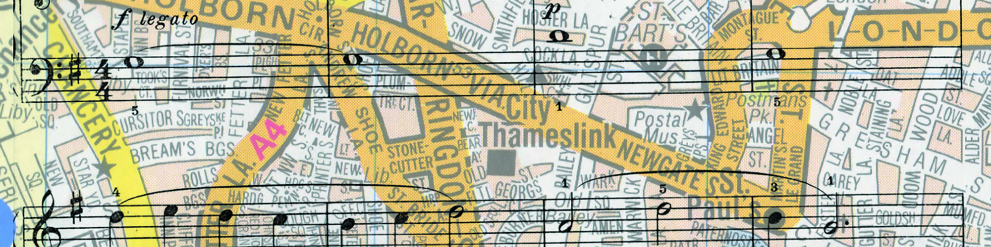 Detail of map of London with sheet music for London Bridge is Falling Down overlaid, used to make Surface Noise by Scanner, 1998
