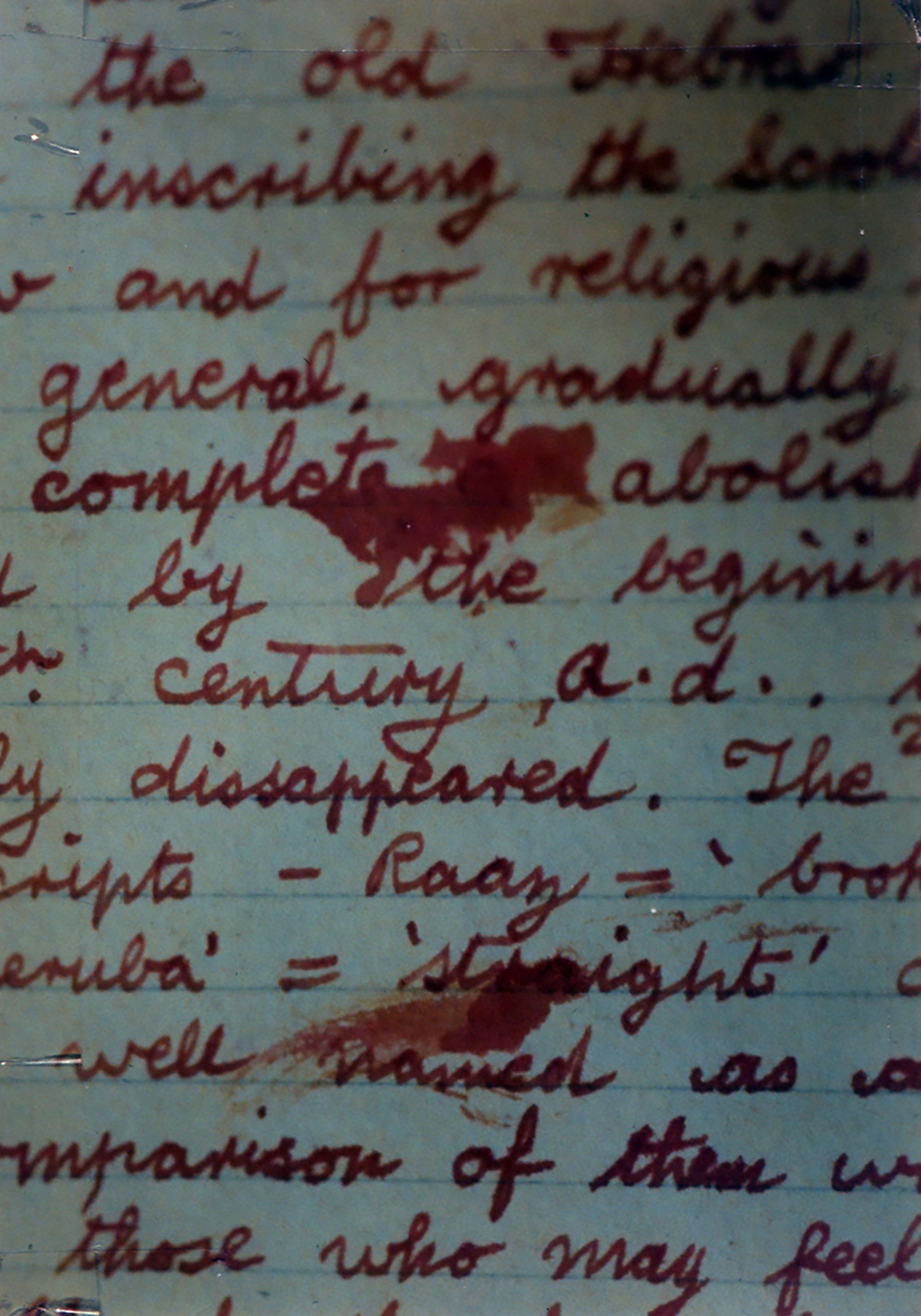 Image: Detail of a page from one of Rodinsky's notebooks, written in red ink litterred with smudges resembling blood drops. Photograph: Rachel Lichtenstein