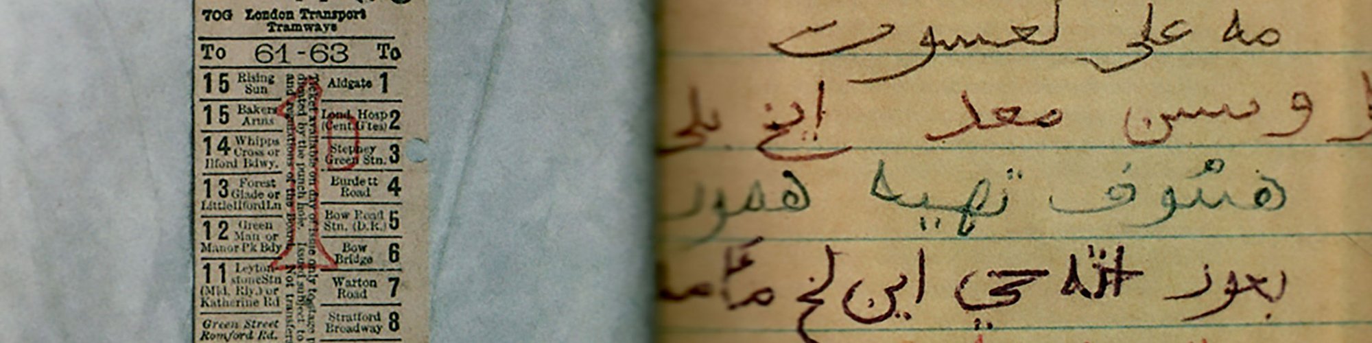 Image: A 1d London tram ticket pasted into a book filled with multicoloured writing, items found amongst Rodinsky's belongings. Photograph: Rachel Lichtenstein