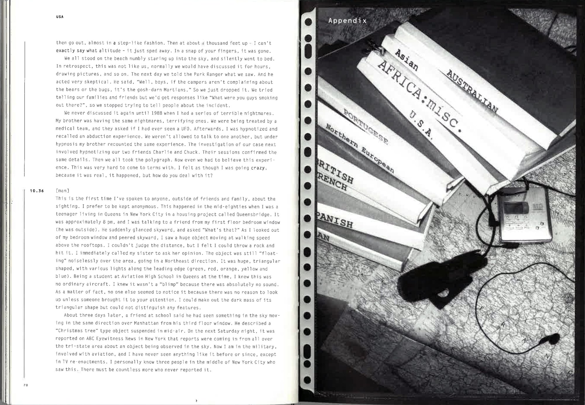 Image: A black-and-white double page spread from Susan Hiller's book Witness, featuring partial testemonies from the USA on the left page, and a photograph of the several volumes of witness testimonies from around the world, placed on a large map next to a mircophone and mini disk player. Photograph: Susan Hiller