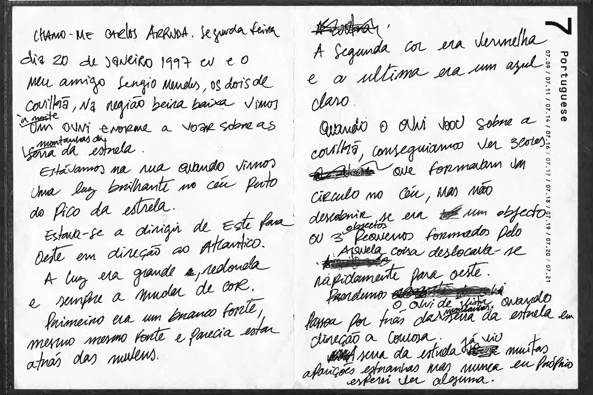 Image: Witness testimony from Carlos Arrunda, collected as reasearch for Susan Hiller's Witness, and published in the accompanying book. Photograph: Susan Hiller
