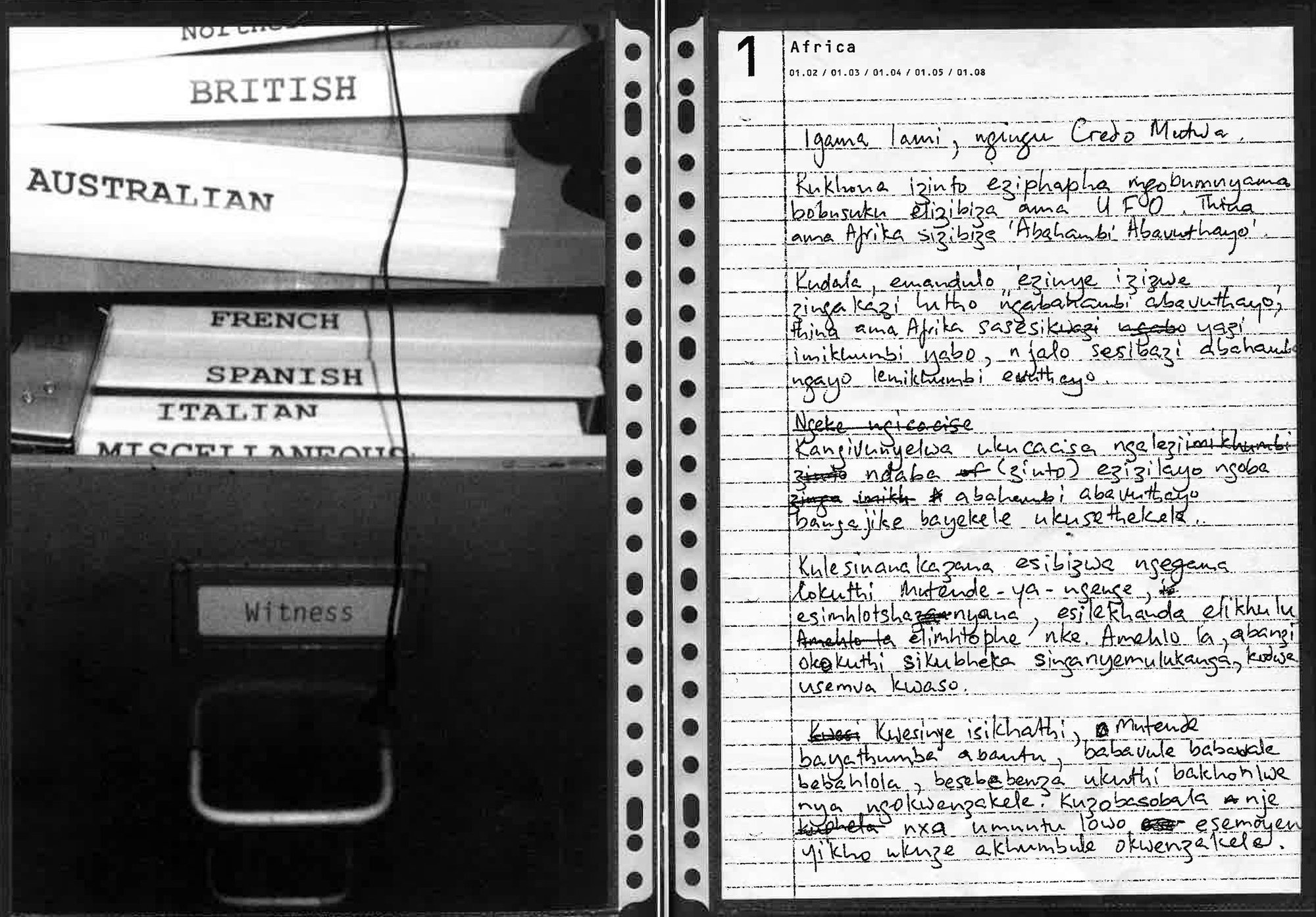 Image: A black-and-white double page spread from Susan Hiller's book Witness, featuring a photograph of the collected volumes of witness testimonies in an open filing cabinet drawer labelled 'WITNESS', alongside a hand-written testimony from Igama Iami of Credo Mutwa, in Africa. Photograph: Susan Hiller
