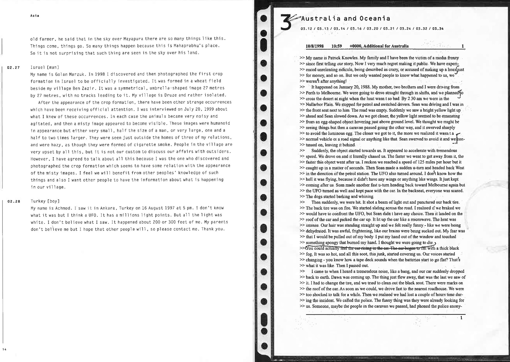 Image: A black-and-white double page spread from Susan Hiller's book Witness, featuring partial transcribed testemonies from Asia on the left hand page, and a typed testimony from Patrick Knowles of Australia. Photograph: Susan Hiller