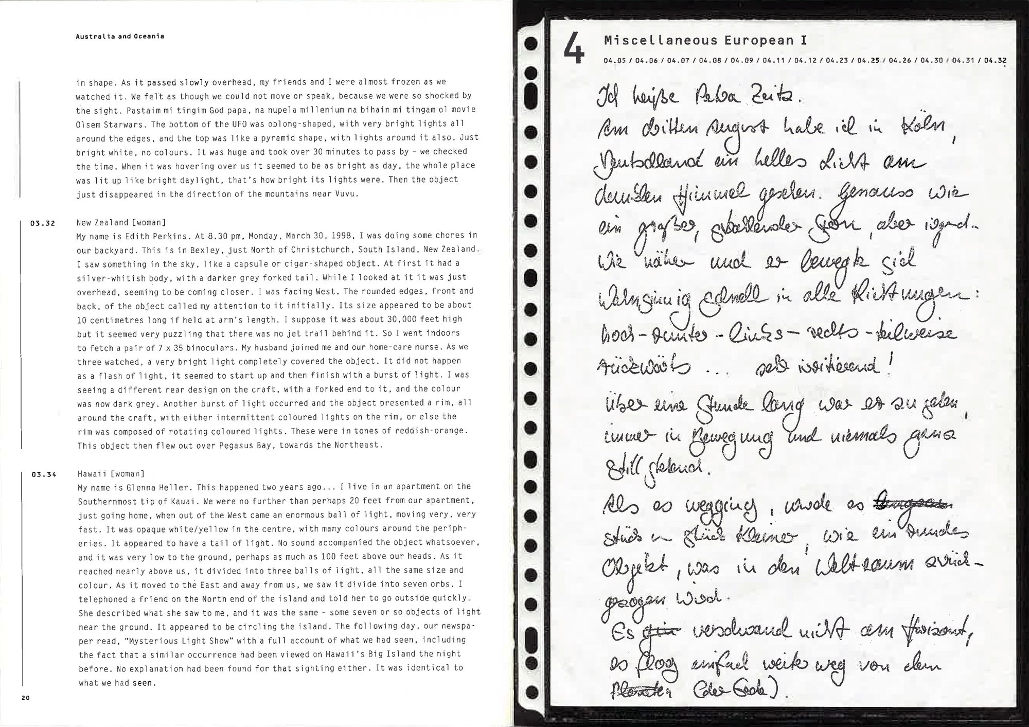 Image: A black-and-white double page spread from Susan Hiller's book Witness, featuring partial transcribed testimonies from Australia and Oceania and handwritten testimony from P. Zeitz of Germany. Photograph: Susan Hiller