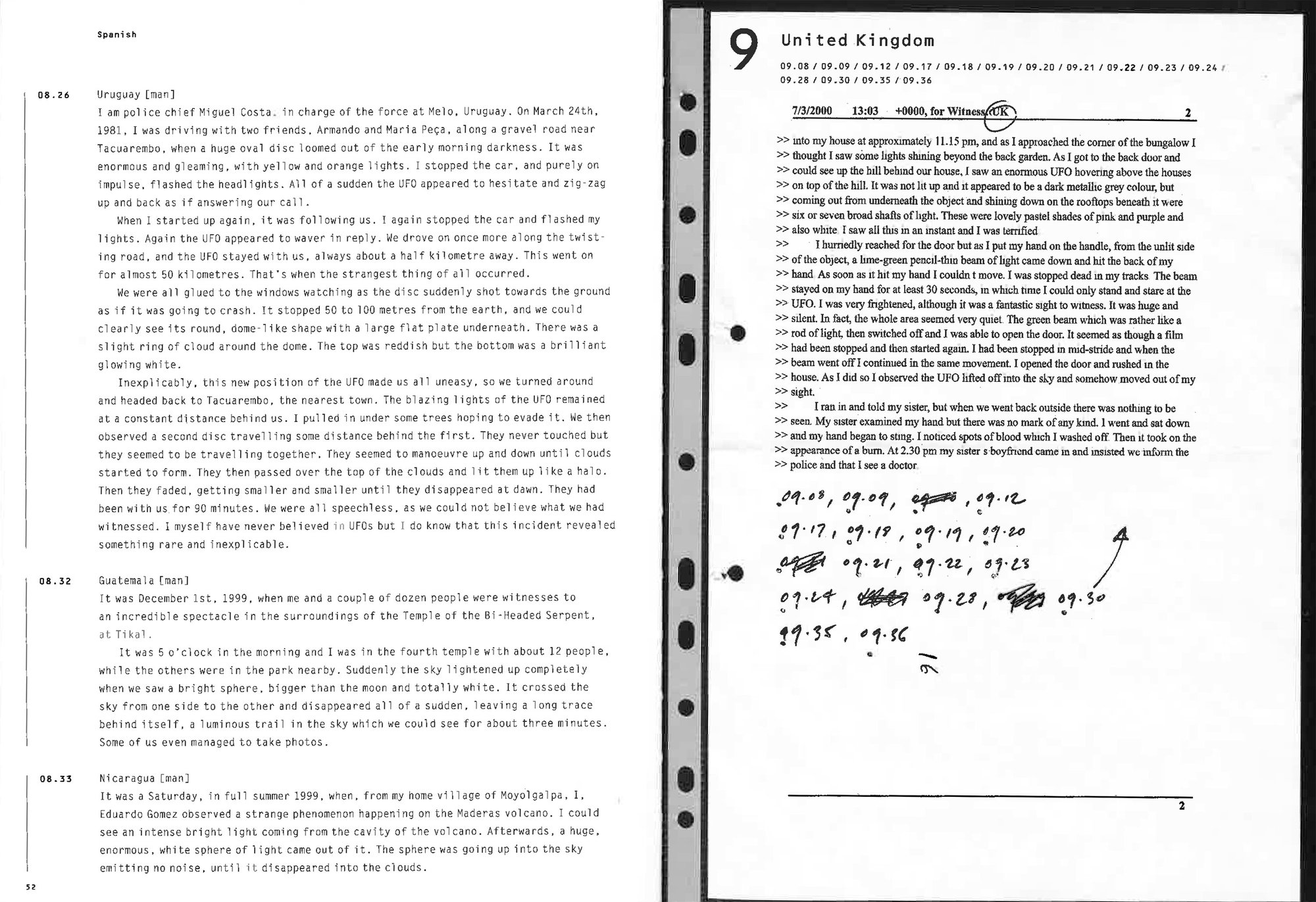 Image: A black-and-white double page spread from Susan Hiller's book Witness, featuring partial transcribed testimonies in Spanish and typed testimony from an anonymous witness in the United Kingdom. Photograph: Susan Hiller