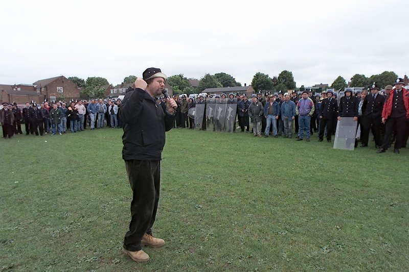 Image: Mike Figgis addressing the cast during production of Jeremy Deller's re-enactment of the Battle of Orgreave, June 2001. Production photograph: Martin Jenkinson