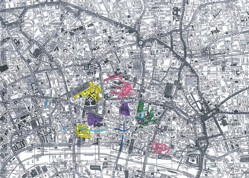 Image: (left) Annotated map for Guards (2005). Francis Alÿs, Seven Walks (2005)