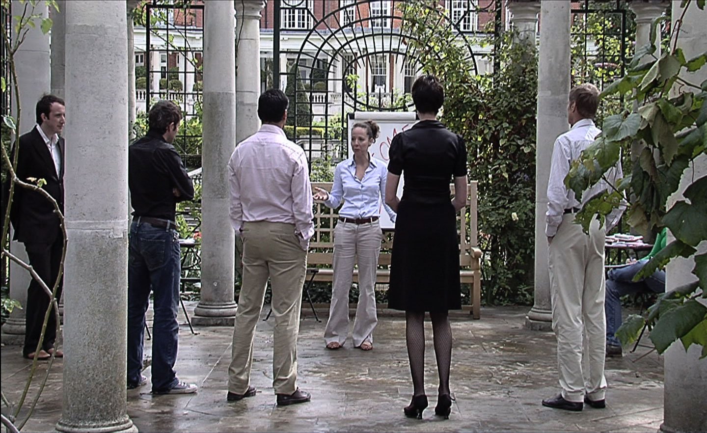 Opening scene still from Crisis in the Credit System by Melanie Gilligan, 2008.