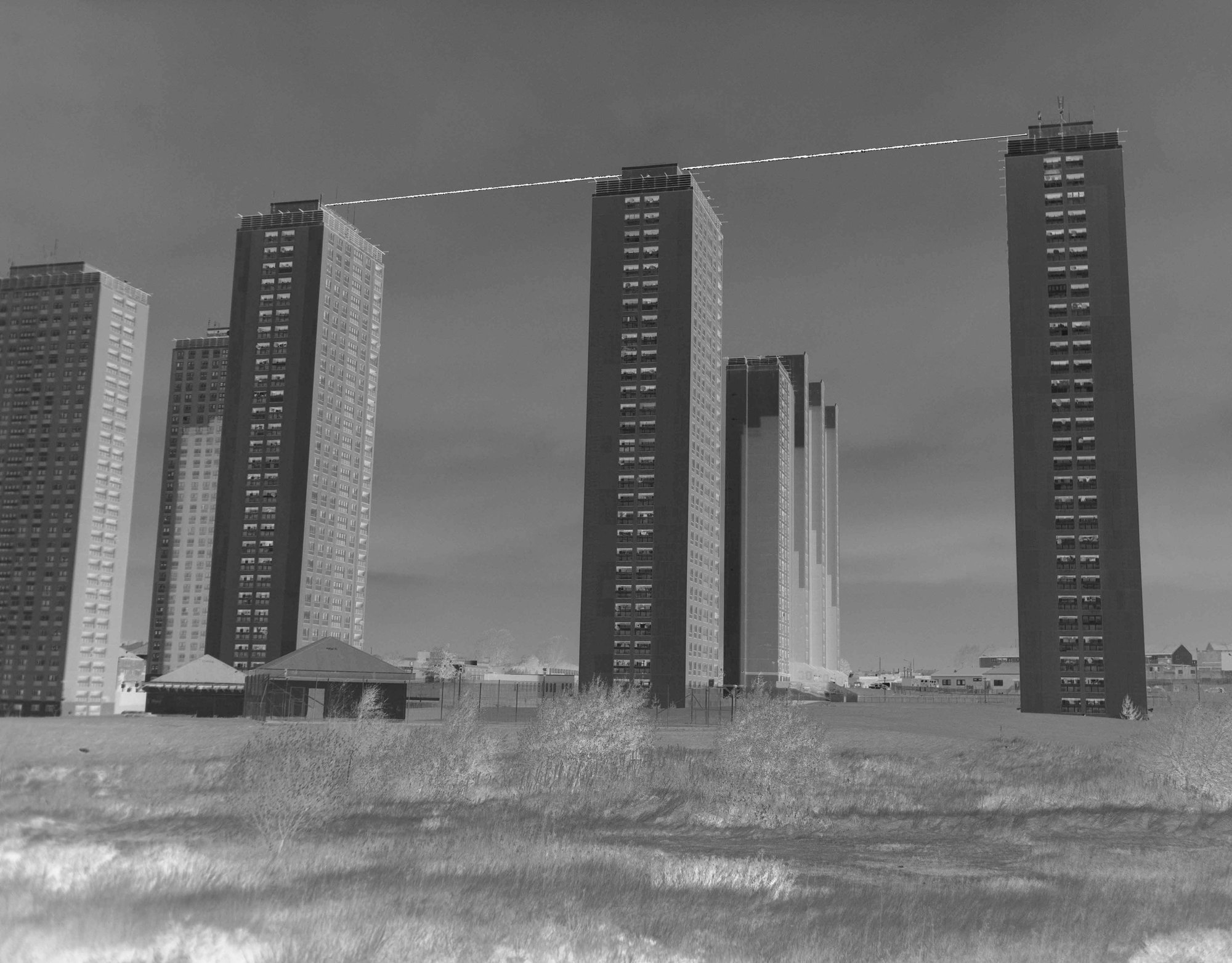 Catherine Yass, High Wire (from Red Road Recreation ground) (2008) Ilfotrans transparency, lightbox