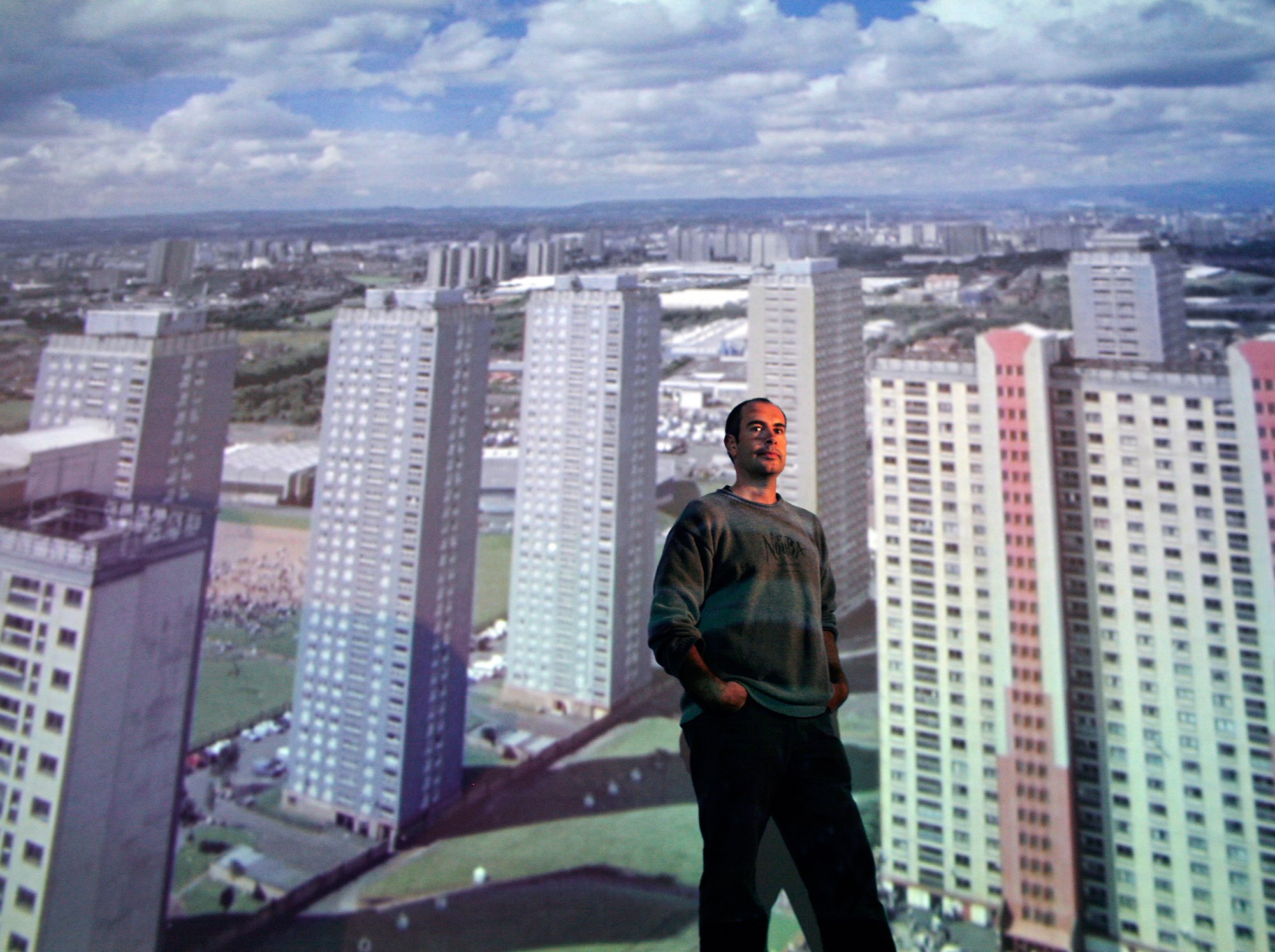 Didier Pasquette in front of the project High Wire film at Centre for Contemporary Arts, Glasgow (2008). Photograph: Angie Catlin