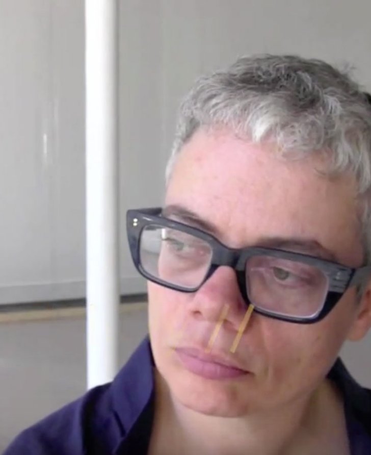 Image: Still from an interview with Oreet Ashery talking about the Solo exhibition Party for Freedom at Overgaden, Copenhagen (2013). 