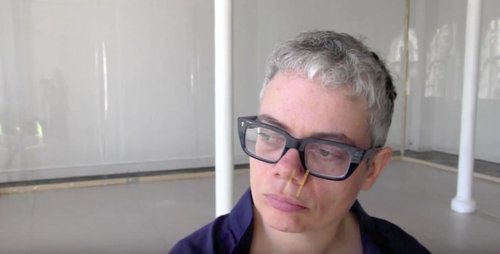 Image: Still from an interview with Oreet Ashery talking about the Solo exhibition Party for Freedom at Overgaden, Copenhagen (2013). 