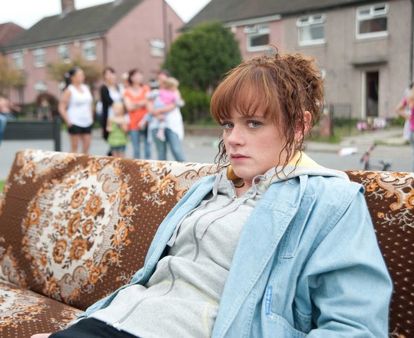 Production still of Girl (Natalie Gavin) in a scene from Andrea Dunbar’s play, ‘The Arbor’, performed on Brafferton Arbor. Photograph: Nick Wall