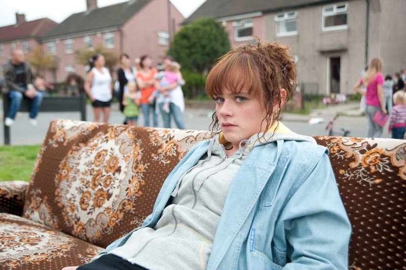 Production still of Girl (Natalie Gavin) in a scene from Andrea Dunbar’s play, ‘The Arbor’, performed on Brafferton Arbor. Photograph: Nick Wall