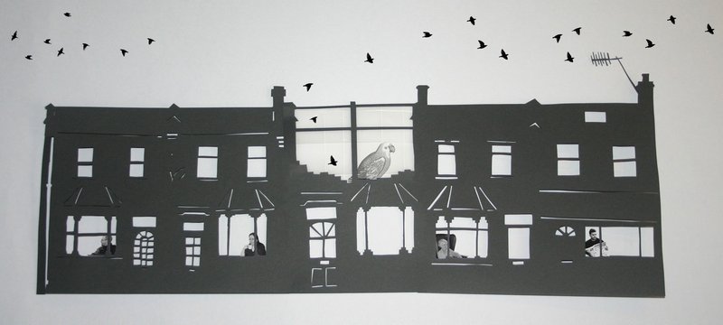 Image: Black and white mixed media illustration of The Bird House by Amanda Lwin (2012)