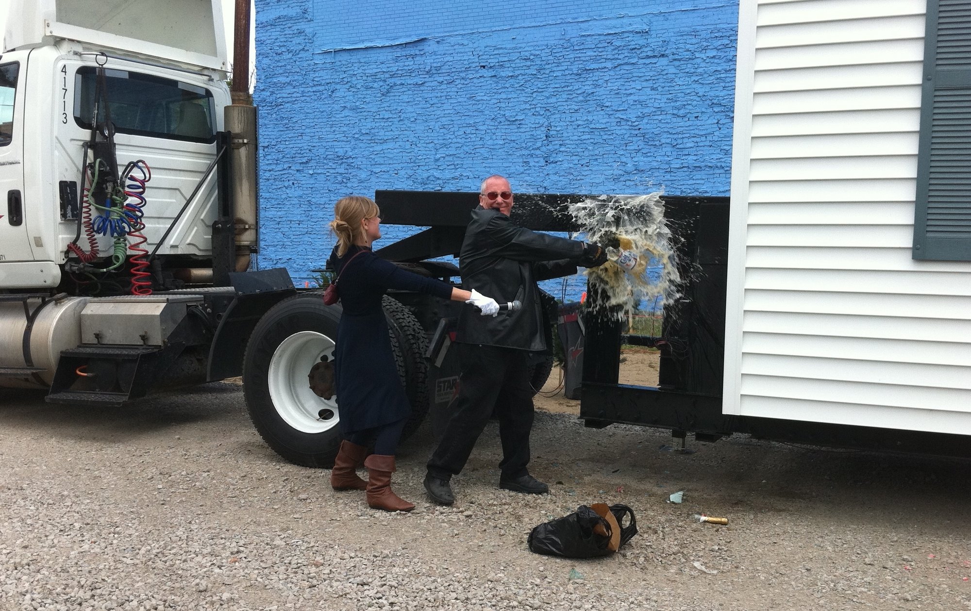Images: Mike Kelley christening Mobile Homestead. Photograph: Ronald Thibault
