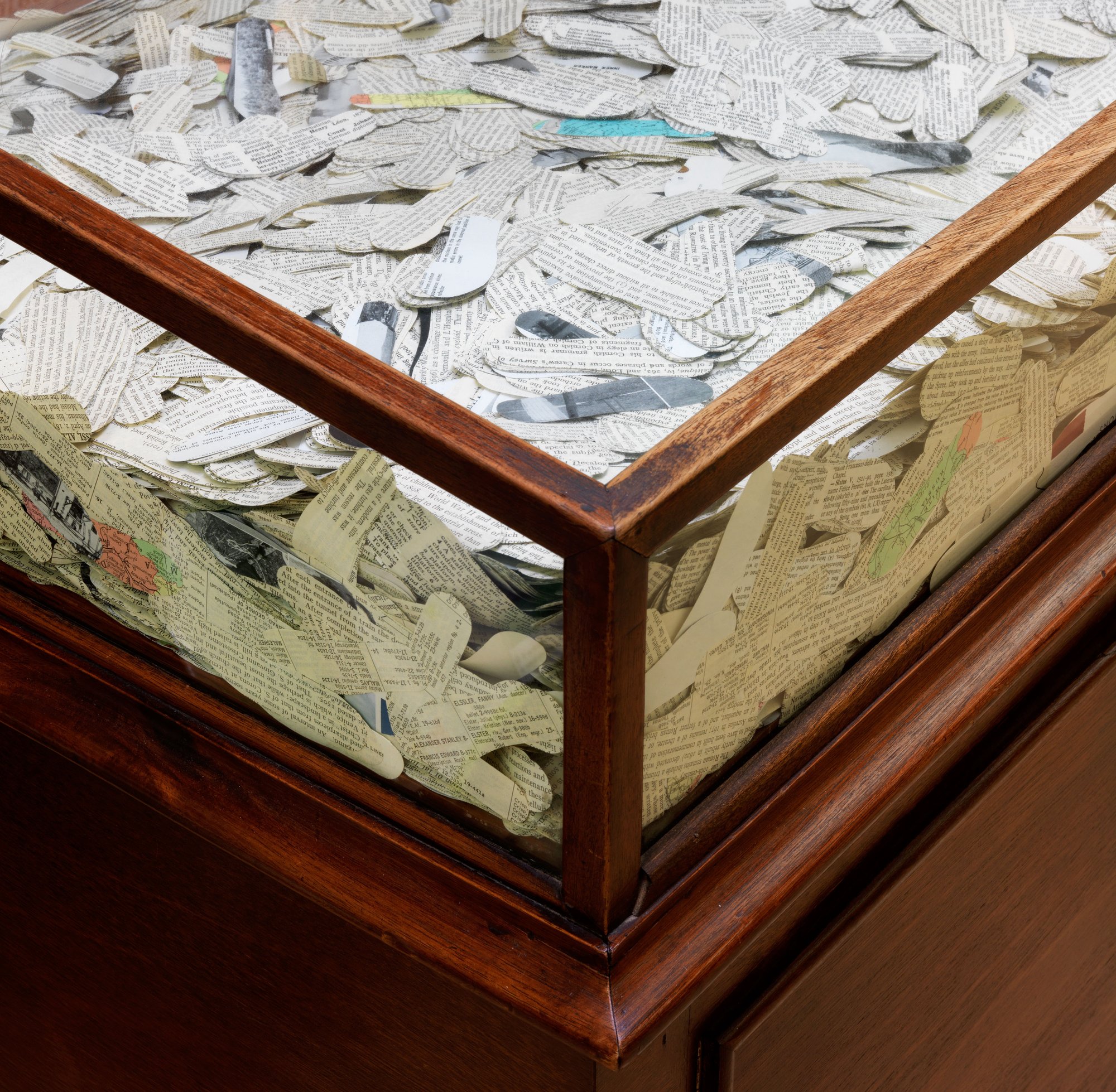 Paper cut-out Lilliputian footprints fill a vitrine in the library's Local Studies and Archives Centre, part of José Damasceno's Plot (2014). Photograph: Marcus J Leith