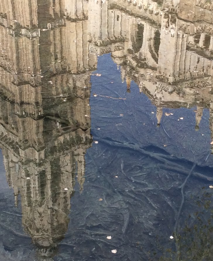 The cathedral at Plaza del Ayuntamiento in Toledo reflected in Cristina Iglesias’s Tres Aguas (2014). Photograph: Cristina Iglesias