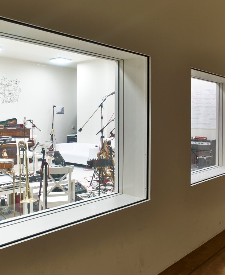 Image: The view into the recording studio of PJ Harvey, Recording in Progress (2015). Photograph: Stephen White