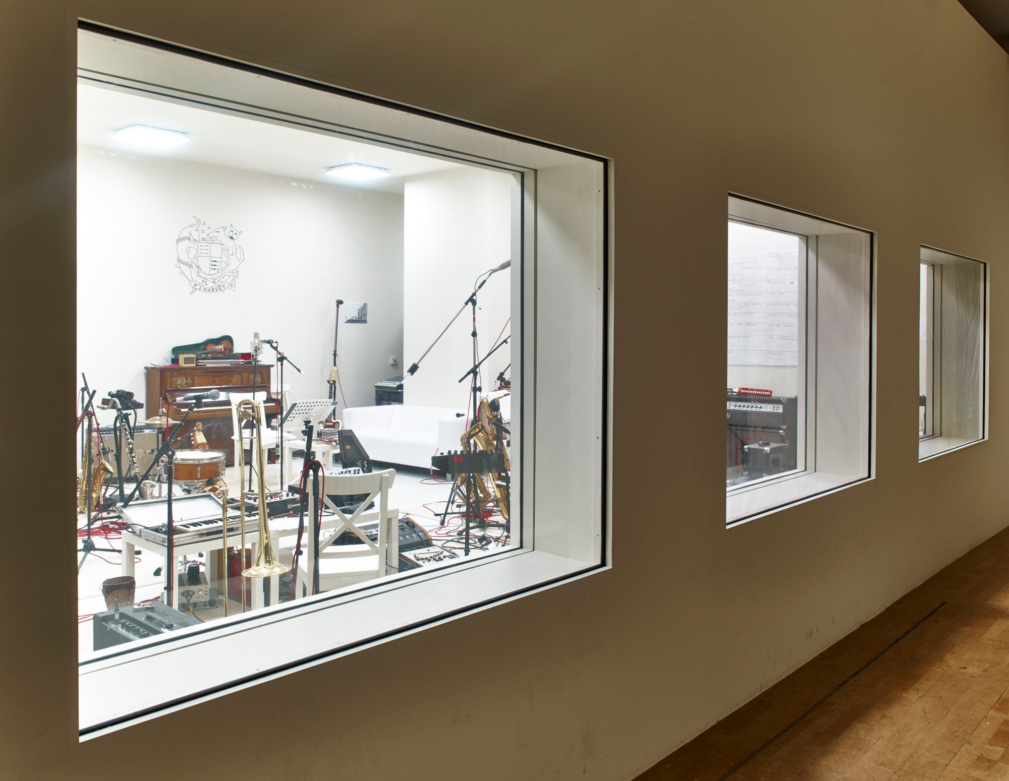 Image: The view into the recording studio of PJ Harvey, Recording in Progress (2015). Photograph: Stephen White
