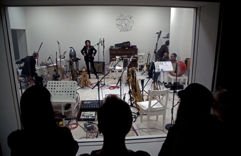 The audience outside of the recording studio at PJ Harvey's Recording in Progress , January 2015. Photograph: Seamus Murphy