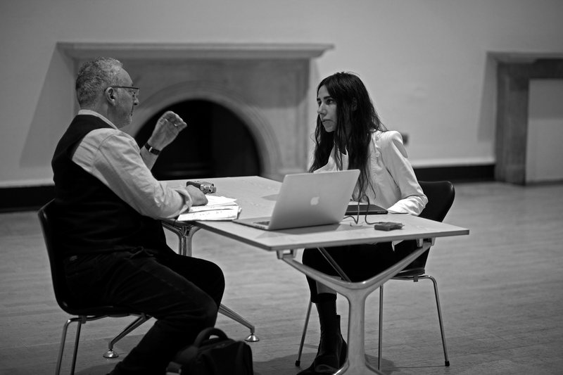 Image: Michael Morris and PJ Harvey discuss the forthcoming project inside the space at Somerset House (2014). Photograph: Seamus Murphy