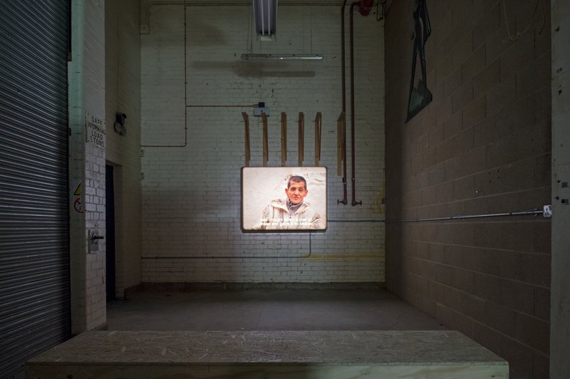 Mohammed Mrabet tells stories to camera, part of the installation at Television Centre at White City, 2015. Photograph: Marcus Leith