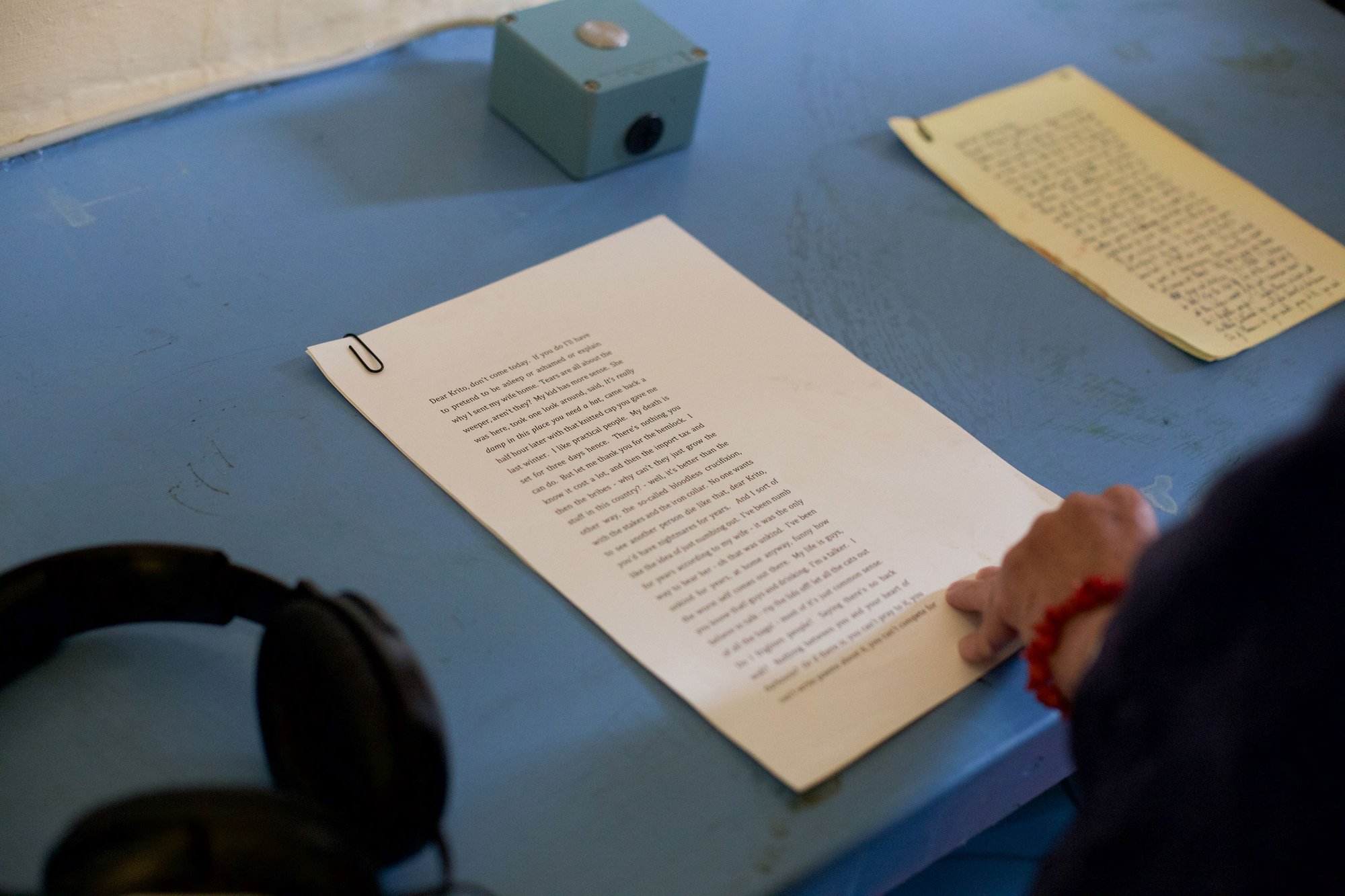 Anne Carson's letter from the condemned Socrates to his old friend Krito, 2016. Materials: Handwritten and typed letter, plus audio recording, 03:34. Installed as part of Inside: Artists and Writers in Reading Prison. Photograph: Sandra Keating, 3 September 2016