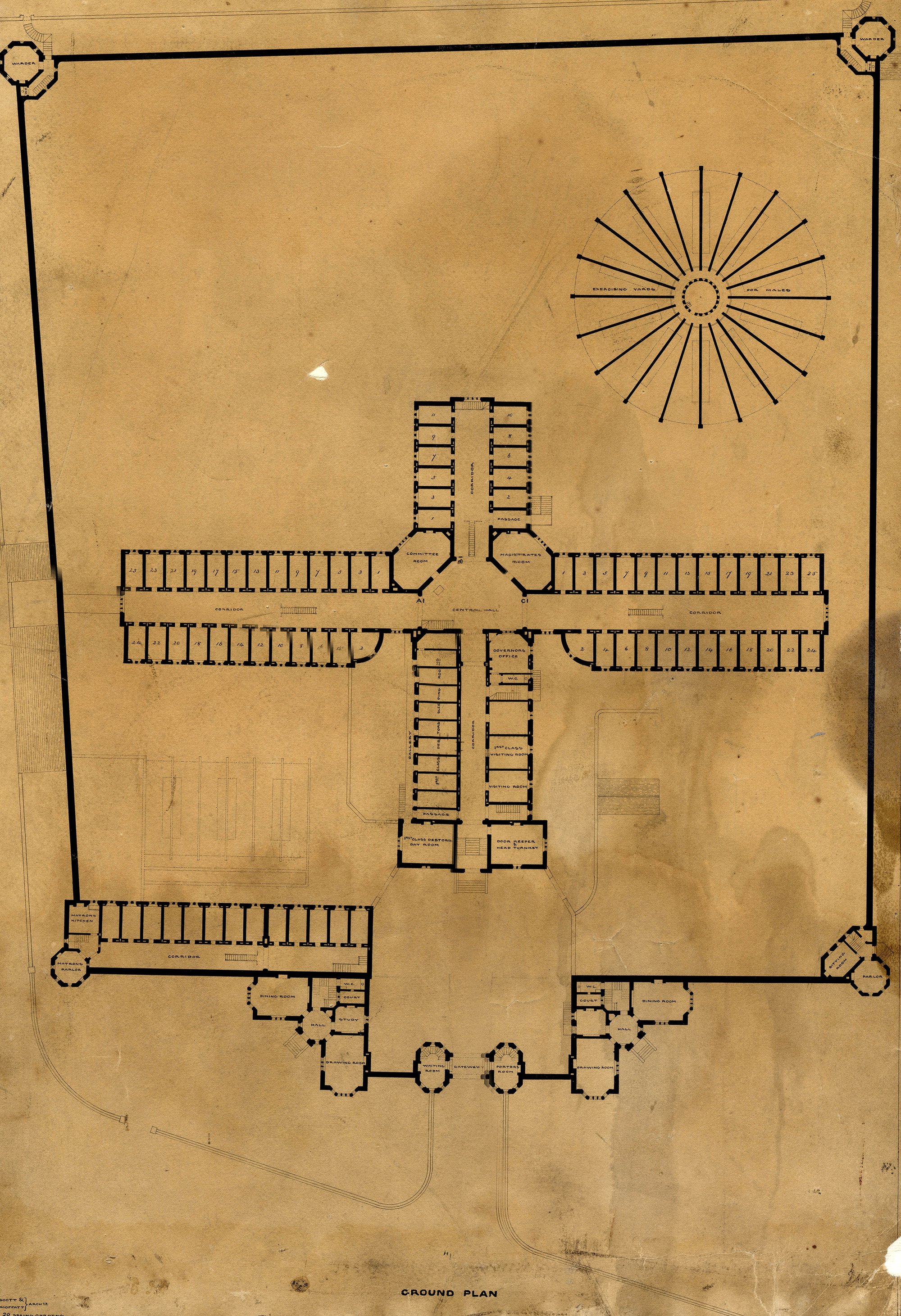 Image: Reading Gaol, floor plans drawn in the office of George Gilbert Scott and William Bonython Moffatt c1842. Courtesy of © Berkshire Record Office