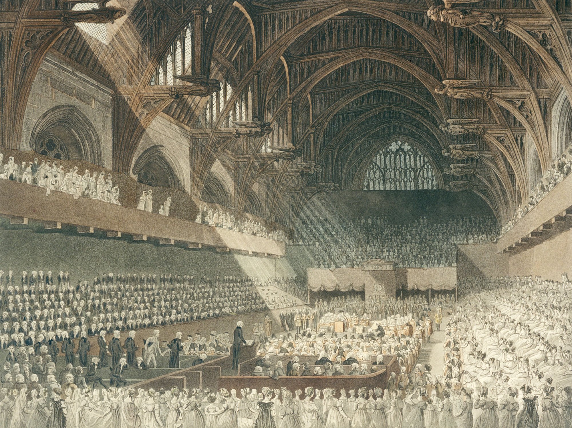 Image: The Trial of Henry Lord Viscount Melville in Westminster Hall, print by J. Hill after a drawing by Augustus Charles Pugin and John Claude Nattes, published 1806 © Parliamentary Art Collection, WOA 0747

Note misspelling of "Westminster" on file name