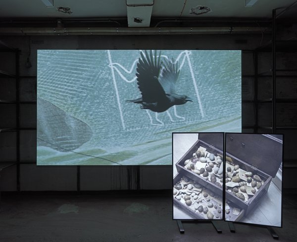 Still from the opposite The Opposite of Time, 2017, by Andy Holden, three screen video with animated crow leading a social history of nest collecting. Photograph: Marcus J. Leith, September 2017