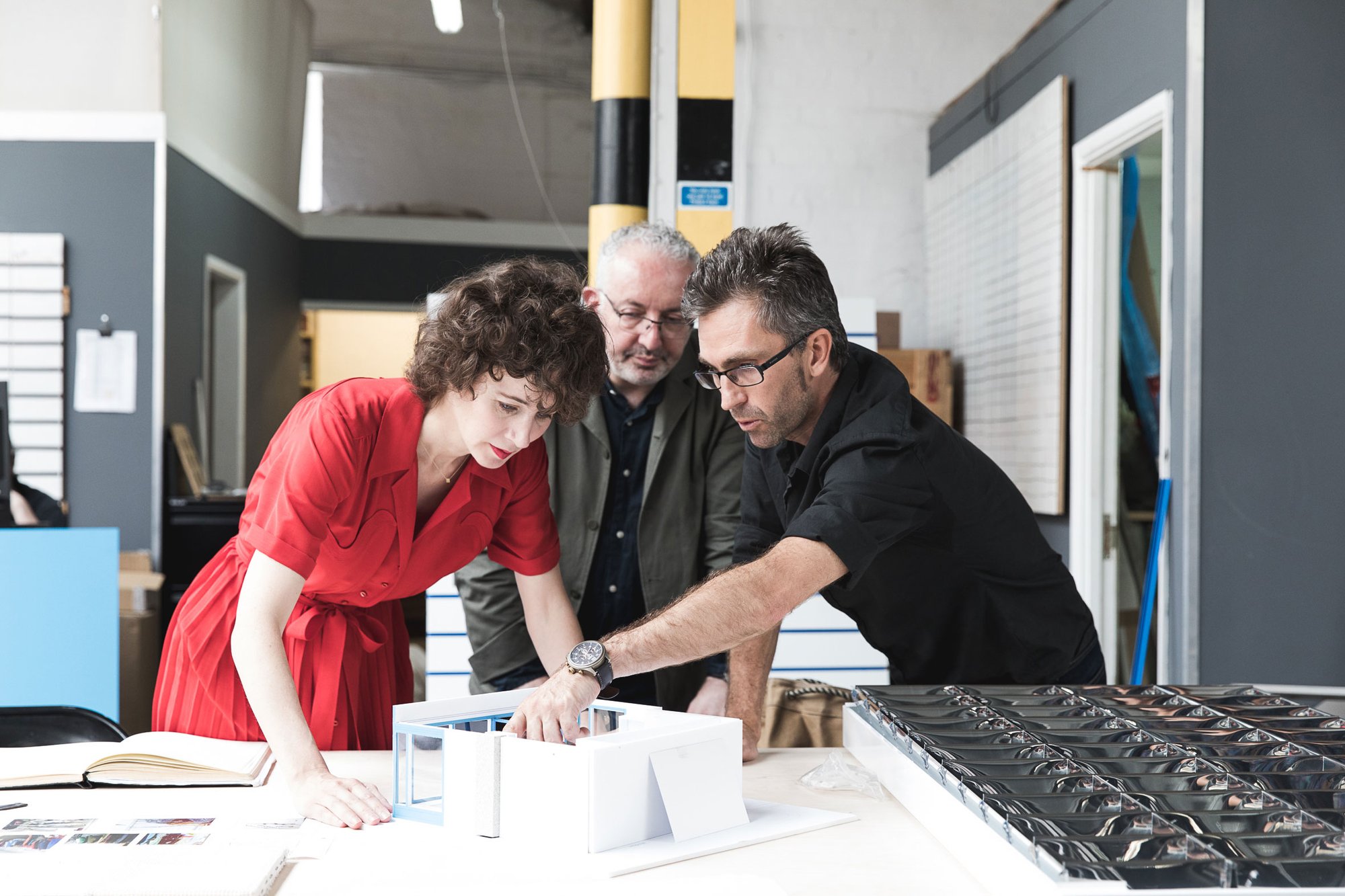 Miranda July, Michael Morris and Sam Collins at a stock meeting for Artangel & Miranda July present Norwood Jewish Charity Shop, London Buddhist Centre Charity Shop & Spitalfields Crypt Trust Charity Shop in solidarity with Islamic Relief Charity Shop at Selfridges, 2017. Photograph: Andy Donohoe