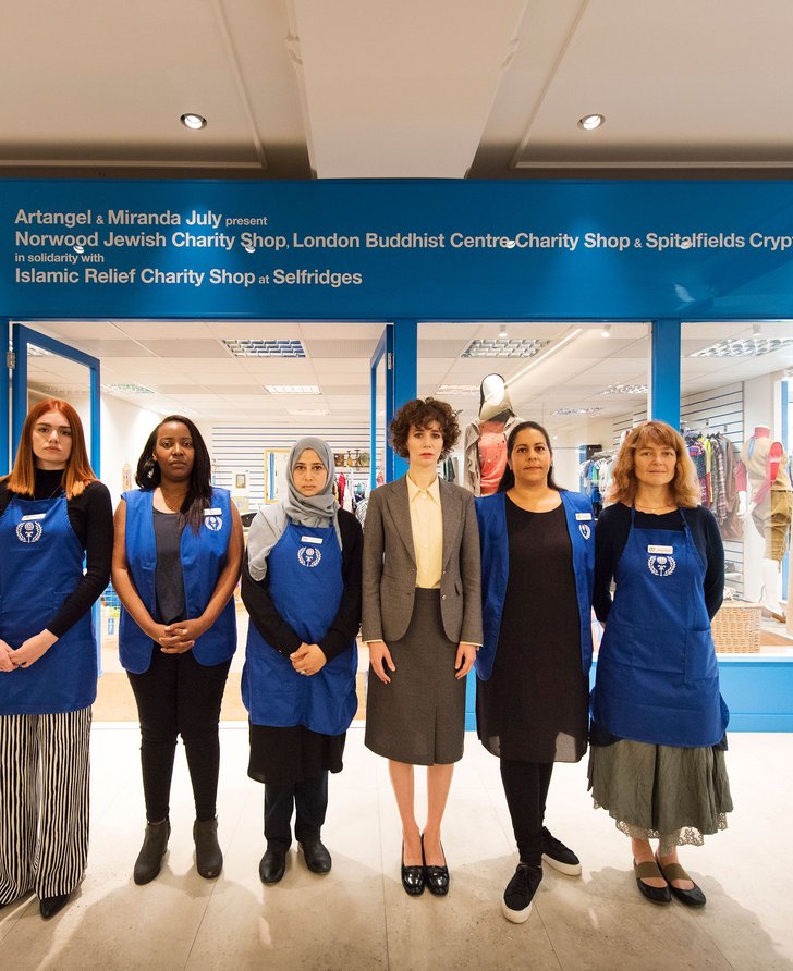 From left, Yasmin Wall, Diana Ngonyama, Latifa Rahman, Miranda July, Natasha Hodes and Abhayanandi outside Miranda July’s Interfaith Charity Shop, 31 August 2017. Photograph: Hugo Glendinning 