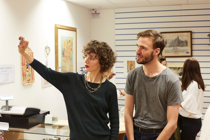 Miranda July takes a selfie with a visitor to Artangel & Miranda July present Norwood Jewish Charity Shop, London Buddhist Centre Charity Shop & Spitalfields Crypt Trust Charity Shop in solidarity with Islamic Relief Charity Shop at Selfridges. Photograph: Matthew Andrews, 8 September 2017