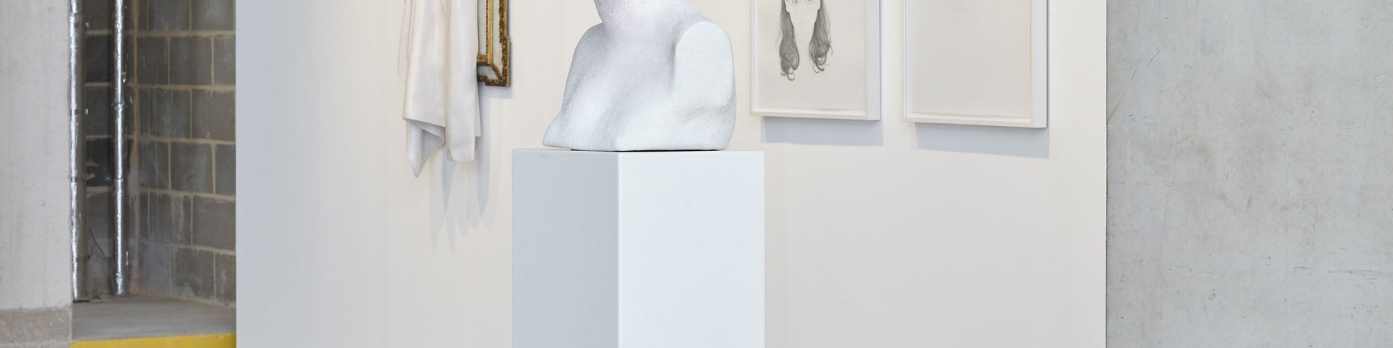 Left-right: Ryan Gander's Antique mirror and marble sculptre, I Be... (xxii), 2018, Daniel Silver's Adel Rootstein Mannequin bust of Alison Fitzpatrick, 2018; and Michael Landy's pencil drawings, Scarlett and James, both 2008. Photograph: Stephen White.