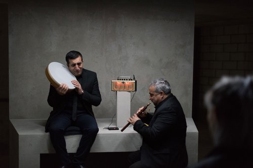 Yezidi mourners performing in the London edition of An Occupation of Loss by Taryn Simon, 2018. Photo: Hugo Glendinning