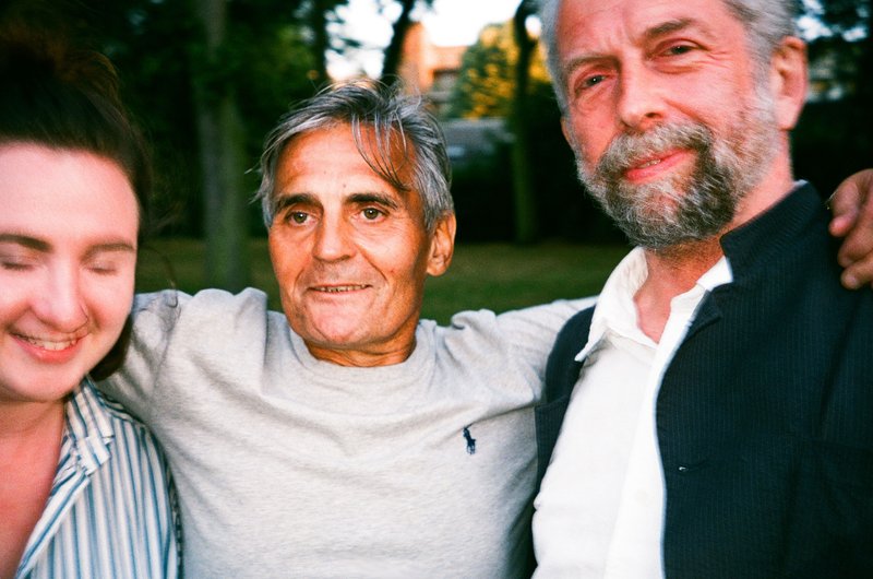 Patrick Onione (centre) and Adrian Jackson (right) during filming of Here for Life in Nomadic Community Gardens, 2018. Photograph: Therese Henningsen