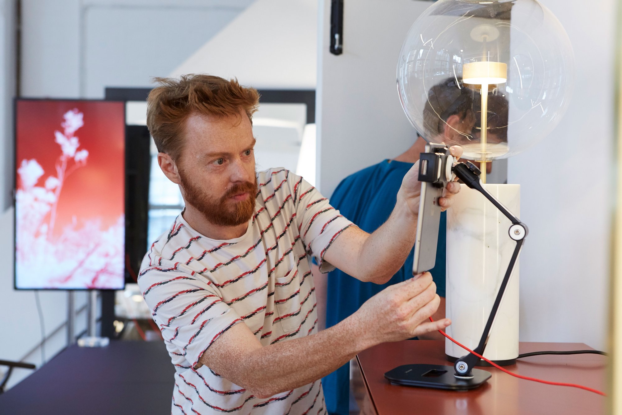 Evan Roth setting up an installation of his work Red Lines at Viaduct Showroom for the preview event, 5 September 2018. Photograph: Matthew Andrews