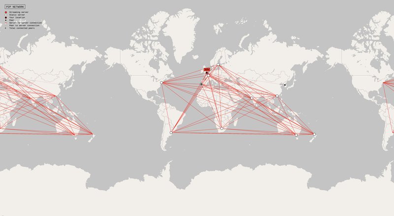 This image is a screengrab of the live map available at redlines.network that shows the location of your current connection, the location of the server where the current streaming video was filmed and is also stored, as well as other devices on the network. It is powered by Mapbox and OpenStreetMap.