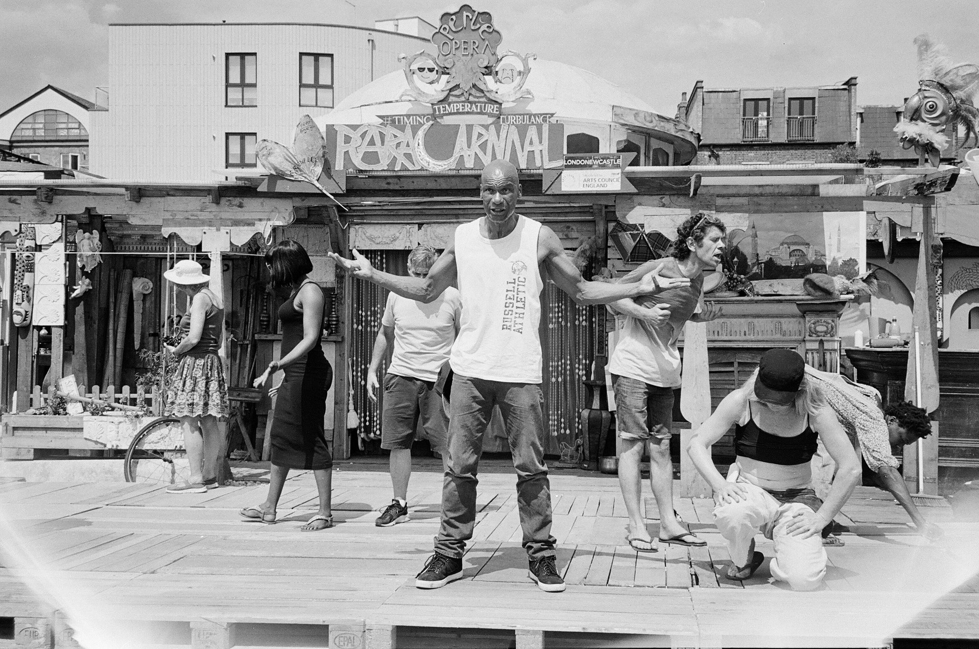 Cast members at Nomadic Community Gardens for the filming of Here for Life. Photograph: Therese Henningsen