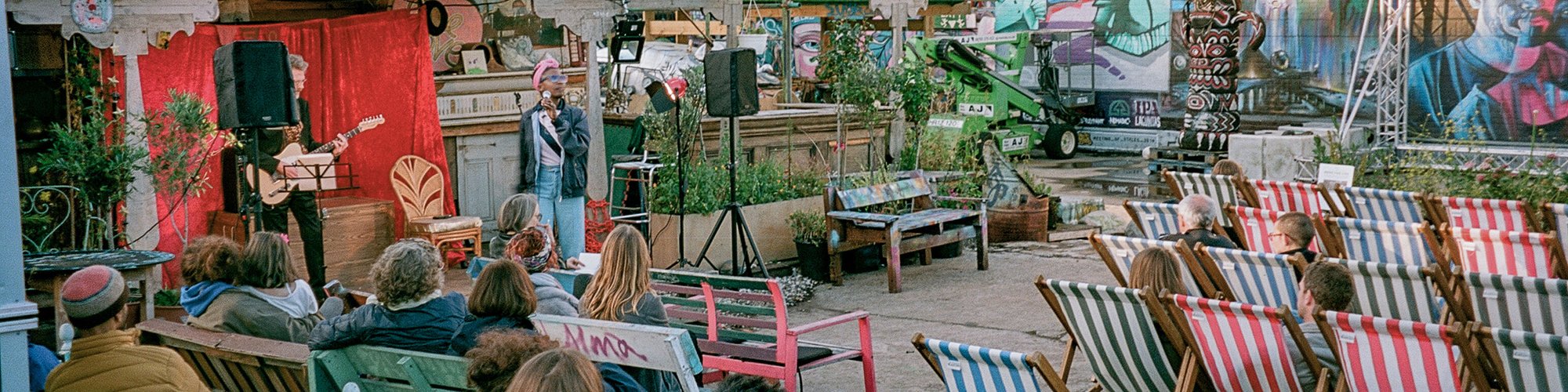 Mwiinga Twyman performing at a preview screening of Here for Life at Nomadic Community Gardens, June 2019. Photograph: Therese Hennigsen 