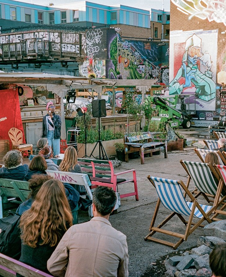 Mwiinga Twyman performing at a preview screening of Here for Life at Nomadic Community Gardens, June 2019. Photograph: Therese Hennigsen 
