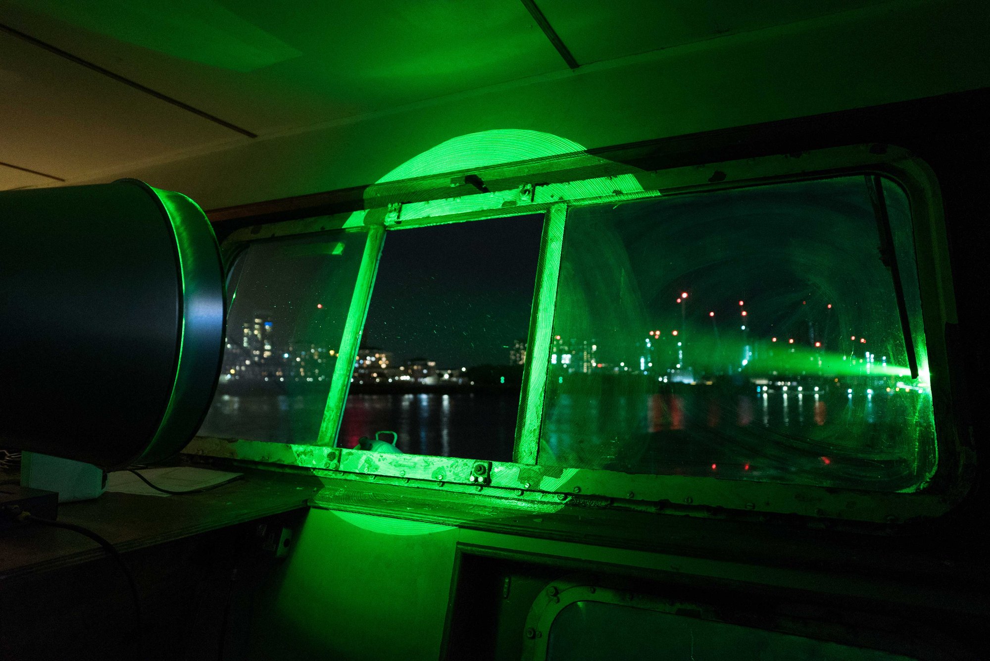 View from Richard Wilson's Slice of Reality of Jem Finer's Sonic Ray, 2020. Photograph: Ibrahim Serra-Mohammed and Ascension Films. Sonic Ray is a project by Jem Finer. Commissioned and produced by Artangel. Supported by the Trinity Buoy Wharf Trust.