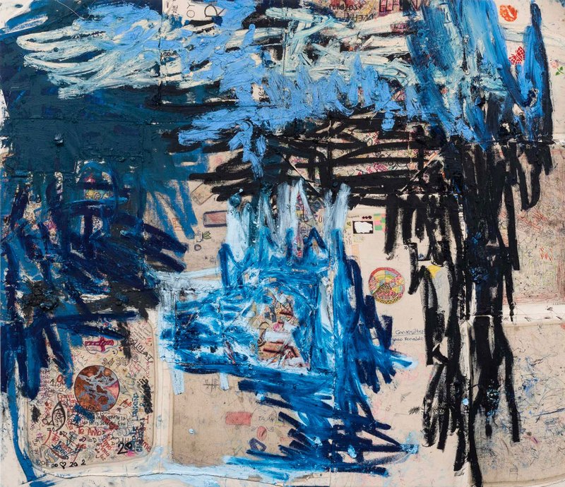 Detail of Oscar Murillo's disrupted frequencies (Colombia, Brazil, Turkey, China), 2013–ongoing. Materials: ballpoint pen, fountain pen, graphite, felt tip pen, highlighter pen, permanent marker, paint, crayon, staples, natural pigments, debris, oil, oil stick and other mixed media on canvas, 190 x 220 cm. Courtesy the artist and David Zwirner