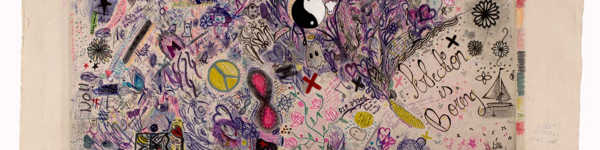 Oscar Murillo, Frequencies (Amilieh School, Beirut, Lebanon), 2013- ongoing. Materials: ballpoint pen, fountain pen, graphite, felt tip pen, highlighter pen, permanent marker, paint, crayon, staples, natural pigments, debris and other mixed media on canvas. Courtesy the artist