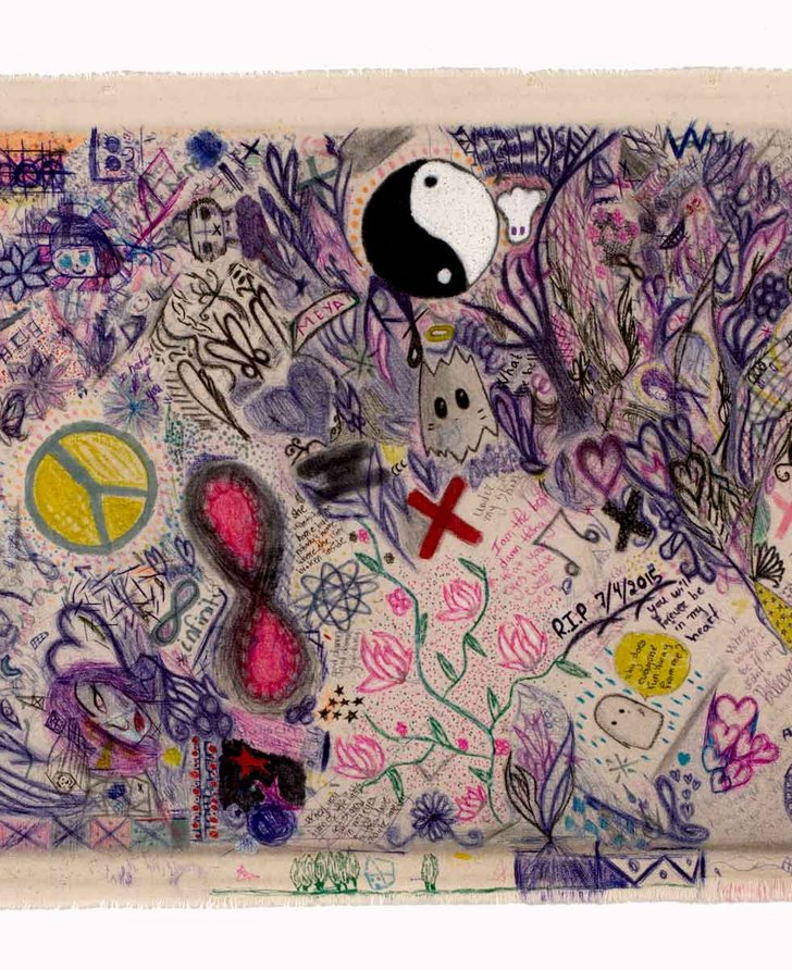 Oscar Murillo, Frequencies (Amilieh School, Beirut, Lebanon), 2013- ongoing. Materials: ballpoint pen, fountain pen, graphite, felt tip pen, highlighter pen, permanent marker, paint, crayon, staples, natural pigments, debris and other mixed media on canvas. Courtesy the artist